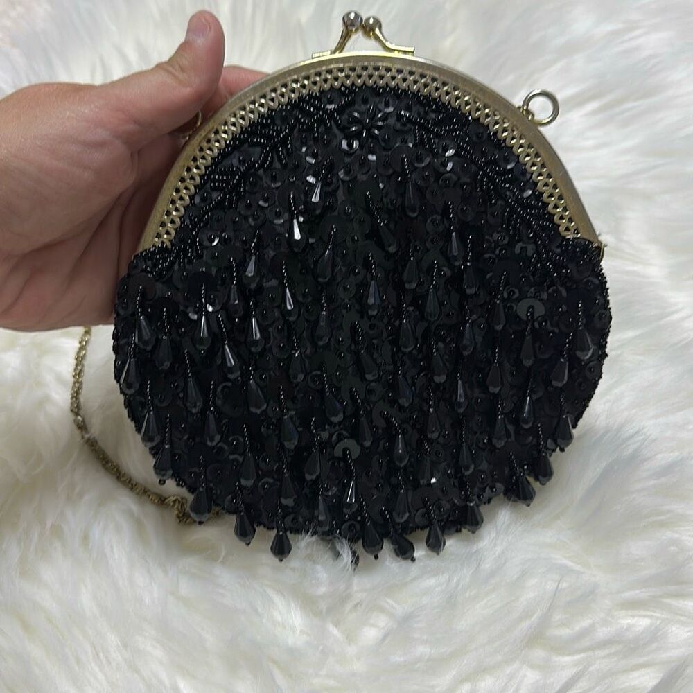 Vintage Black Fringe Sequin Purse Clutch Crossbody Evening Bag - Picture 2 of 11